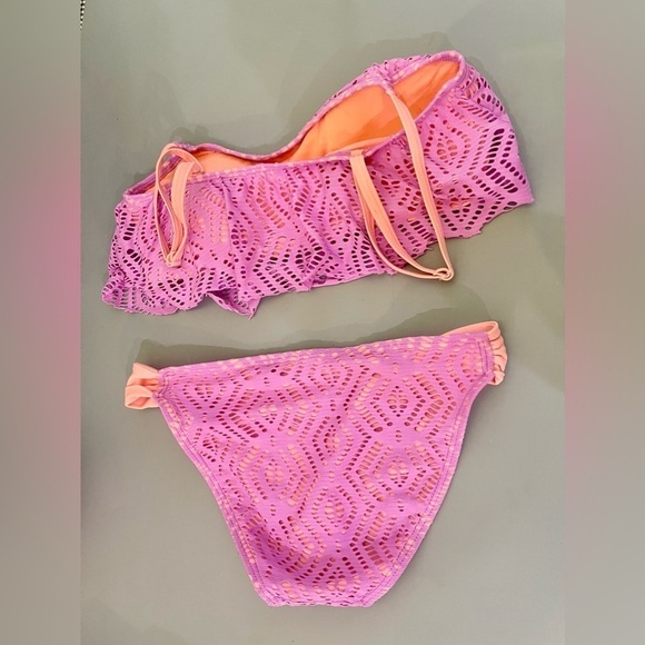 Arizona Swim Bikini Crochet Flounce Orange Purple Overlay Top Large, Bottom Med - Picture 5 of 8